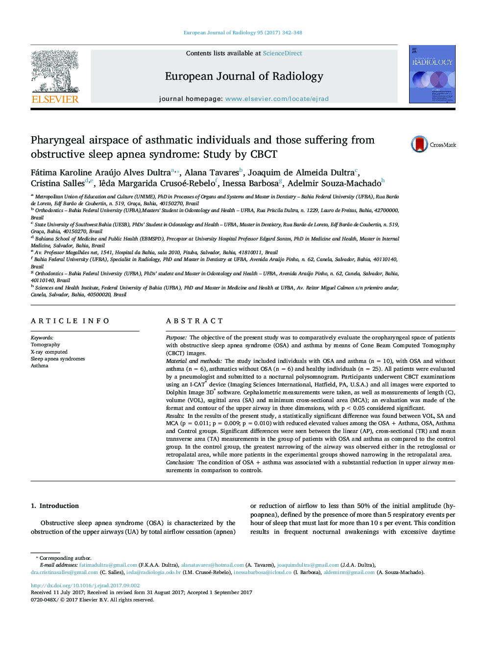 Pharyngeal airspace of asthmatic individuals and those suffering from obstructive sleep apnea syndrome: Study by CBCT