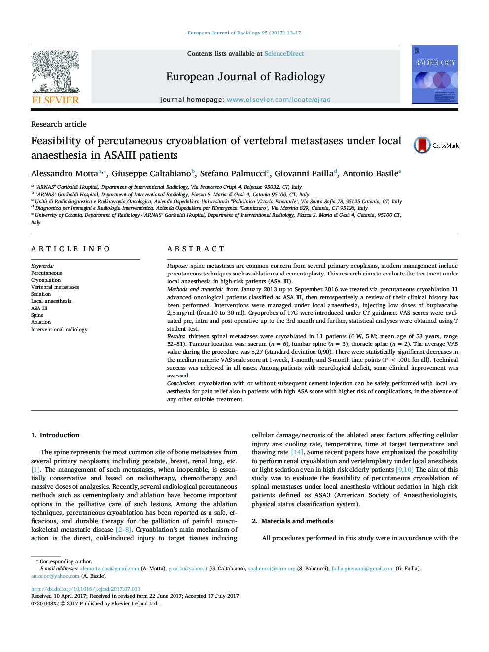 Research articleFeasibility of percutaneous cryoablation of vertebral metastases under local anaesthesia in ASAIII patients