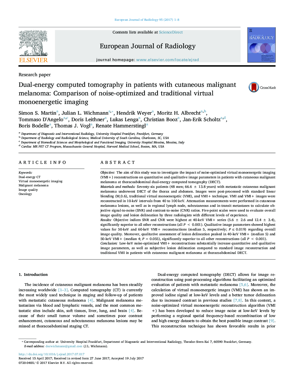 Research paperDual-energy computed tomography in patients with cutaneous malignant melanoma: Comparison of noise-optimized and traditional virtual monoenergetic imaging