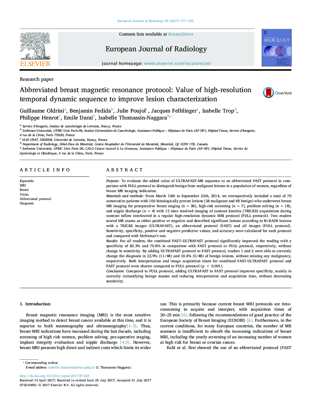 Research paperAbbreviated breast magnetic resonance protocol: Value of high-resolution temporal dynamic sequence to improve lesion characterization