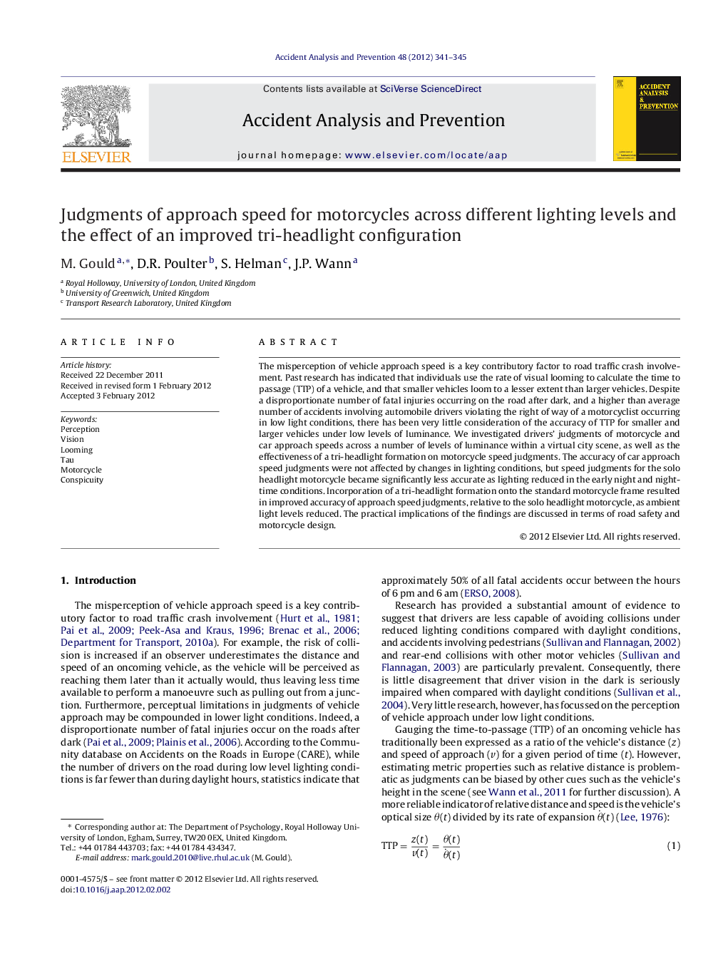 Judgments of approach speed for motorcycles across different lighting levels and the effect of an improved tri-headlight configuration