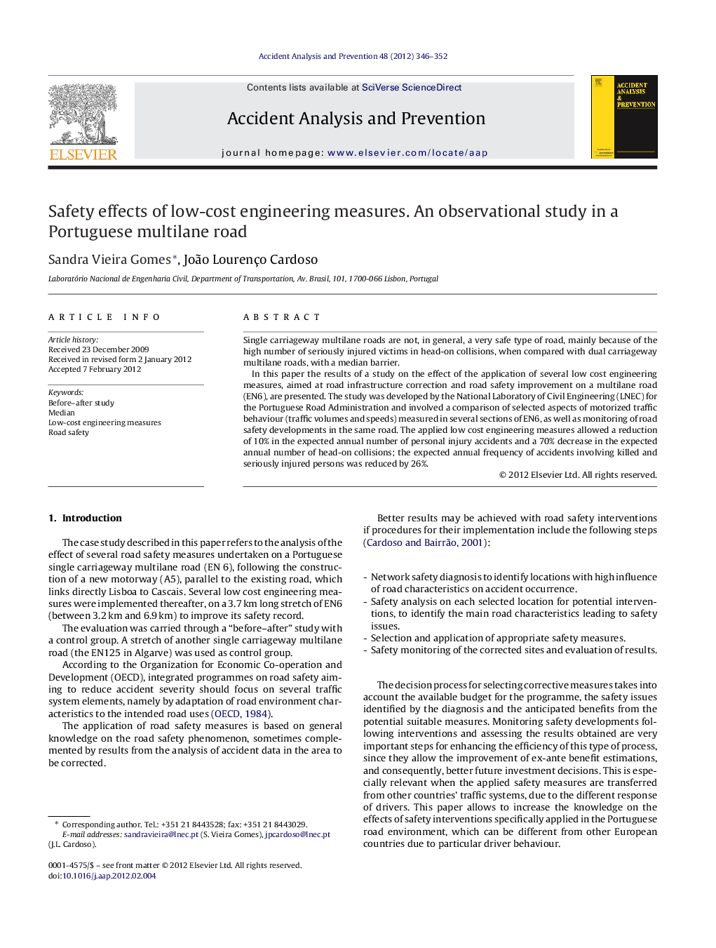 Safety effects of low-cost engineering measures. An observational study in a Portuguese multilane road