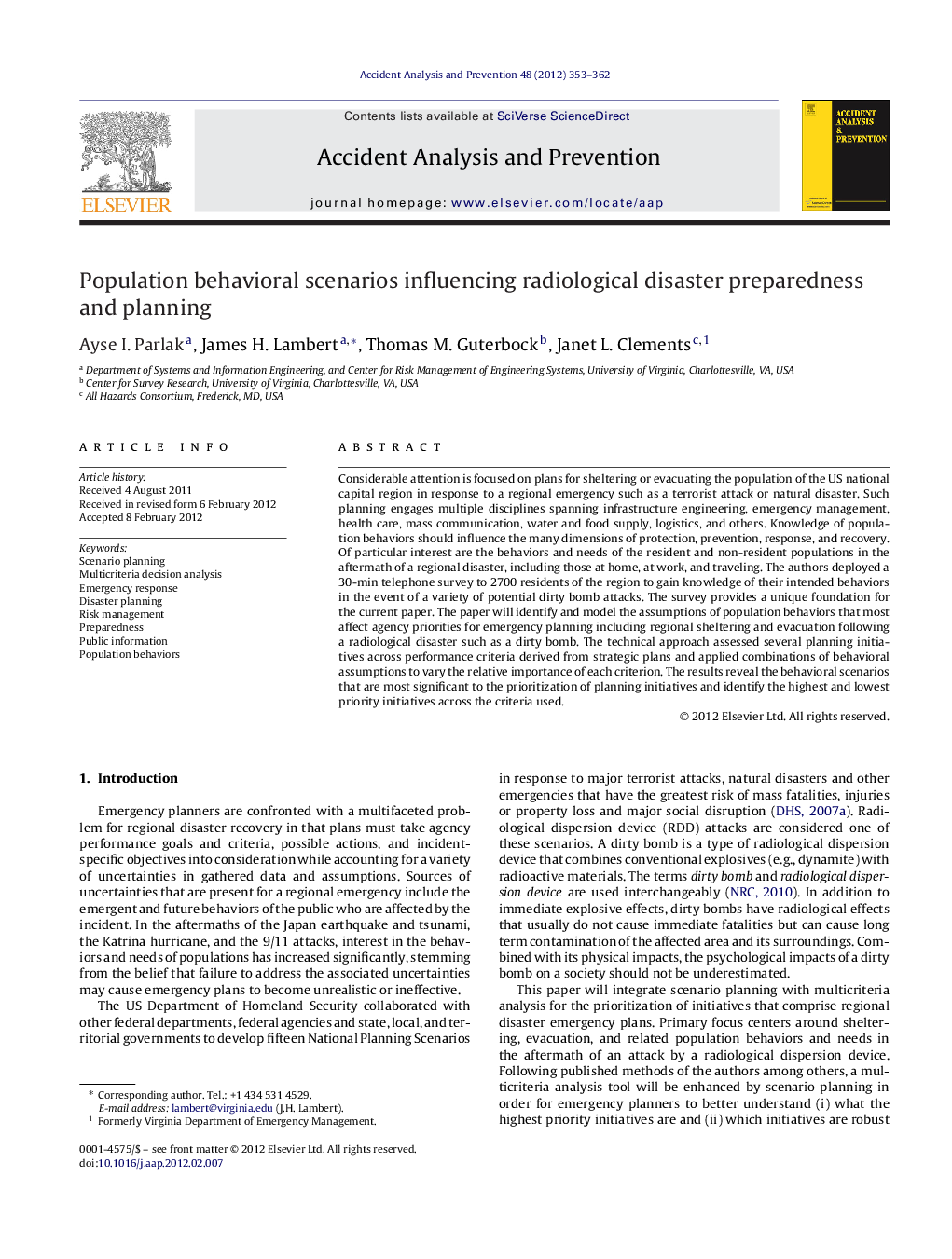 Population behavioral scenarios influencing radiological disaster preparedness and planning