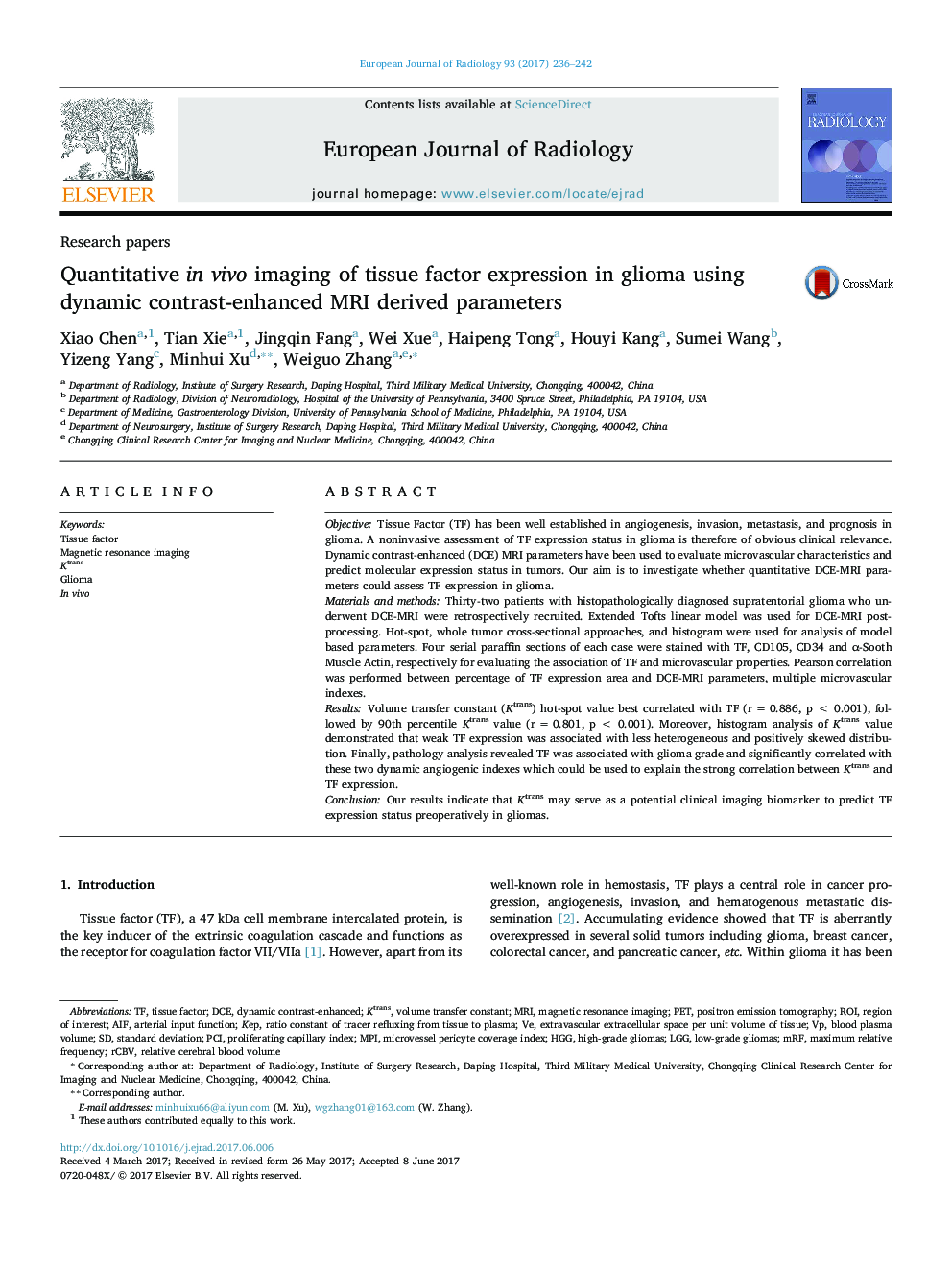 Research papersQuantitative in vivo imaging of tissue factor expression in glioma using dynamic contrast-enhanced MRI derived parameters