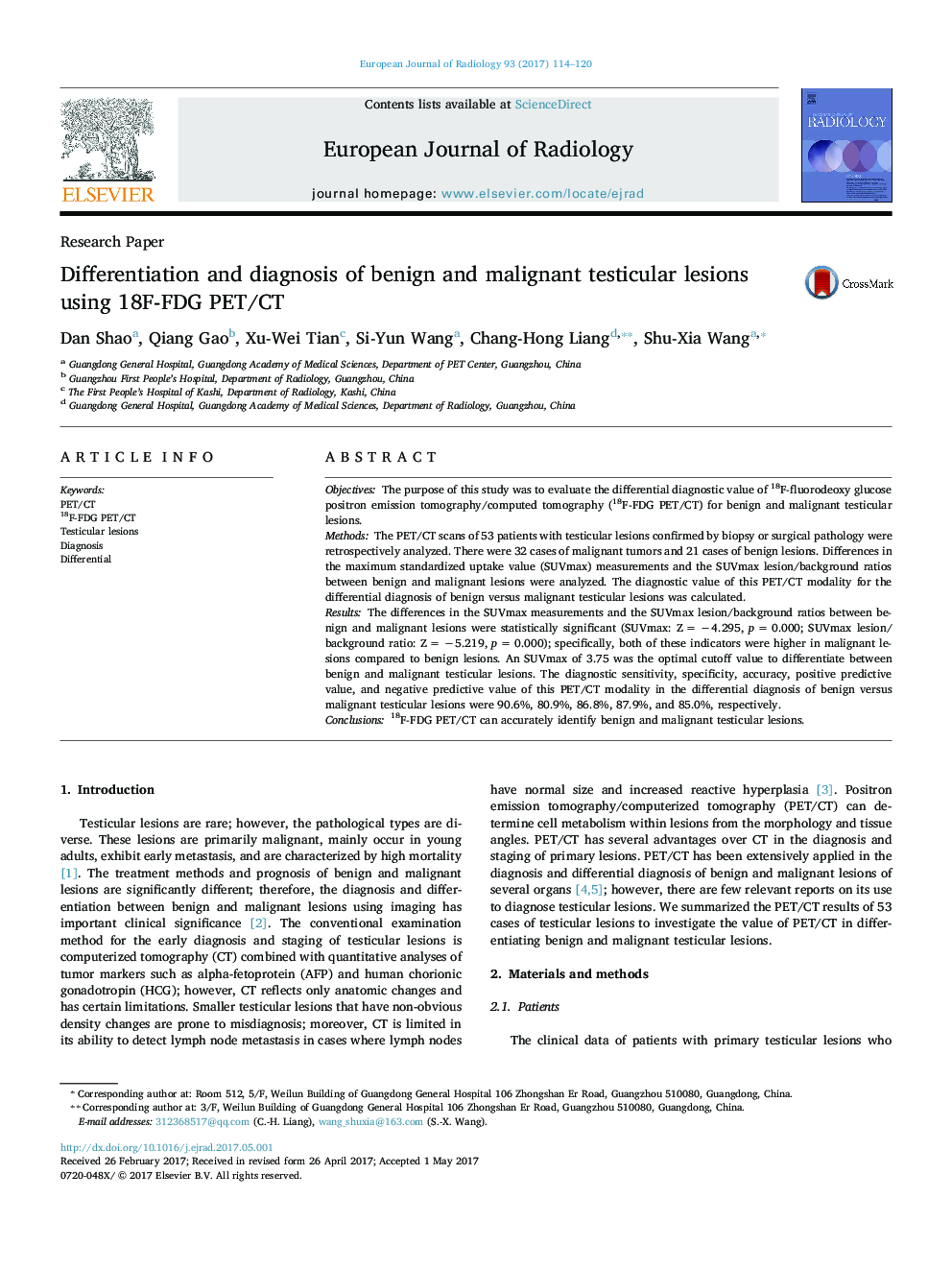 Differentiation and diagnosis of benign and malignant testicular lesions using 18F-FDG PET/CT