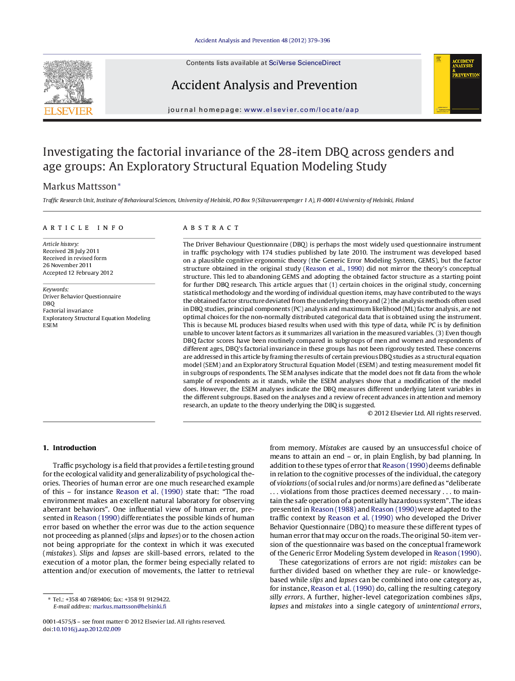 Investigating the factorial invariance of the 28-item DBQ across genders and age groups: An Exploratory Structural Equation Modeling Study