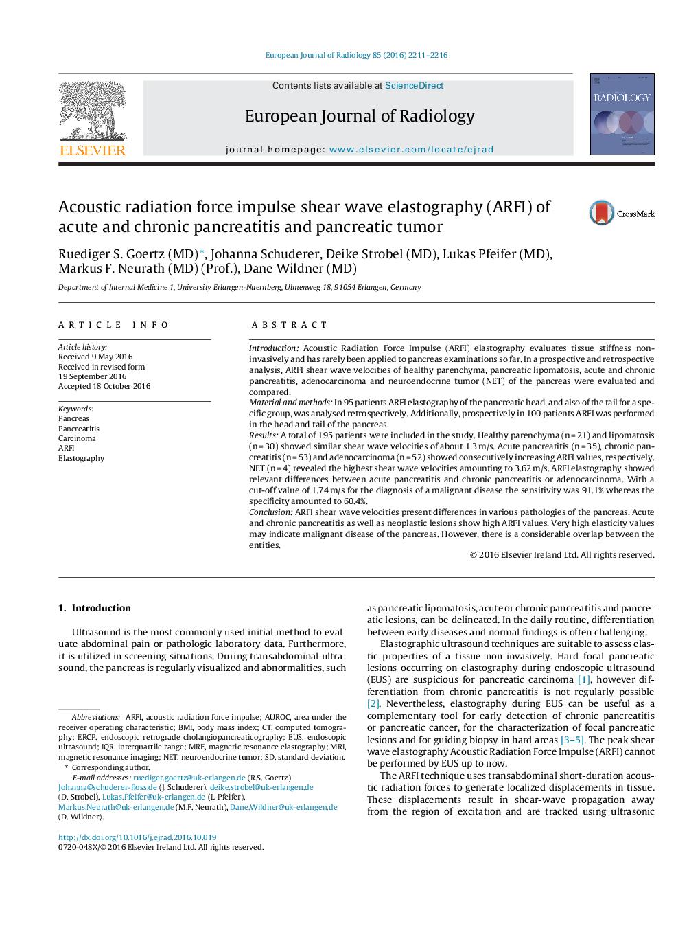 Acoustic radiation force impulse shear wave elastography (ARFI) of acute and chronic pancreatitis and pancreatic tumor