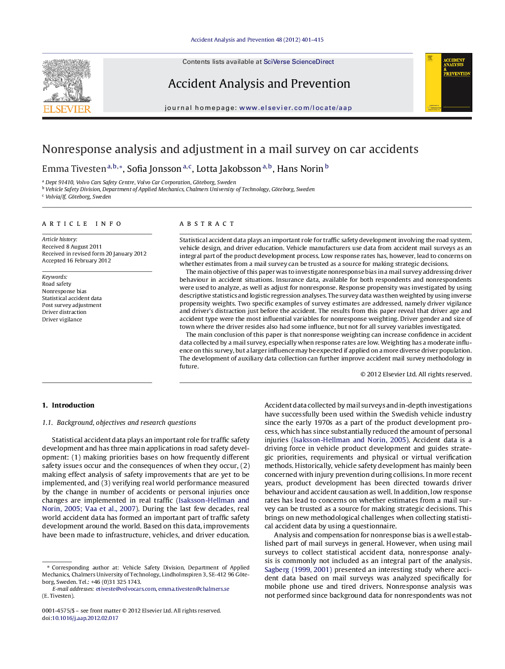 Nonresponse analysis and adjustment in a mail survey on car accidents