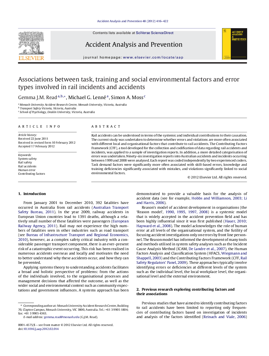 Associations between task, training and social environmental factors and error types involved in rail incidents and accidents