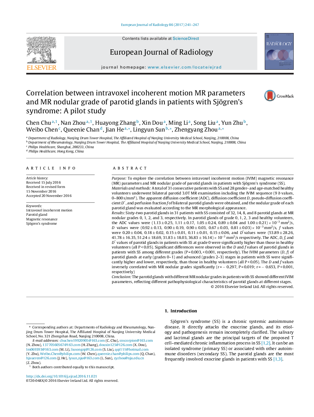 Correlation between intravoxel incoherent motion MR parameters and MR nodular grade of parotid glands in patients with Sjögren's syndrome: A pilot study