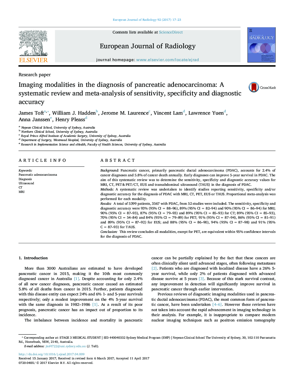 روش های تصویربرداری در تشخیص آدنوکارسینوم پانکراس: یک بررسی سیستماتیک و متاآنالیز حساسیت، خاصیت و دقت تشخیصی 