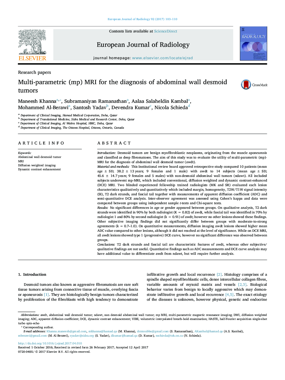 Research papersMulti-parametric (mp) MRI for the diagnosis of abdominal wall desmoid tumors