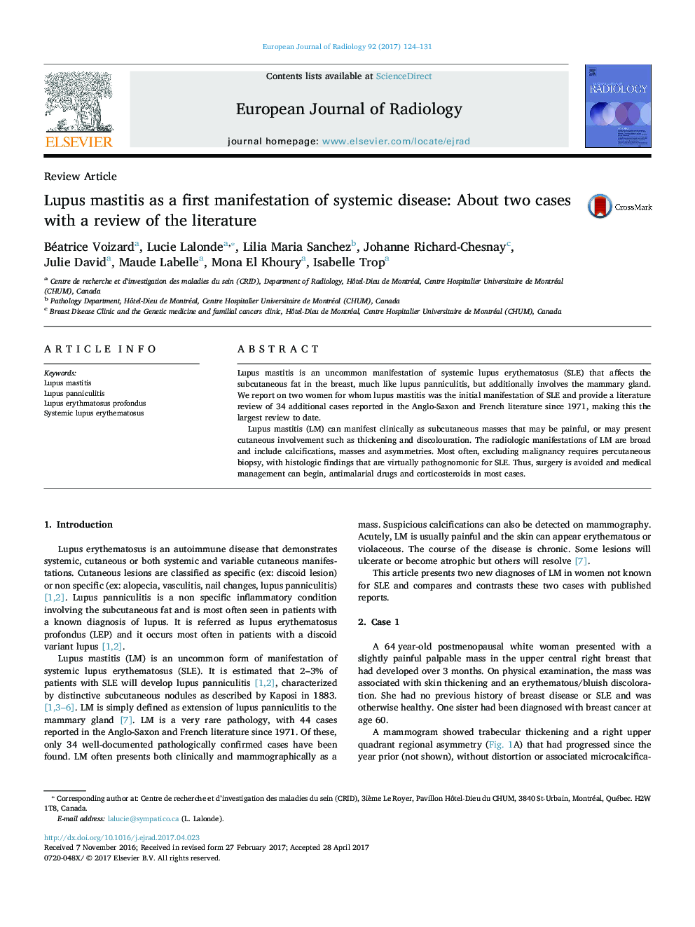 Review ArticleLupus mastitis as a first manifestation of systemic disease: About two cases with a review of the literature