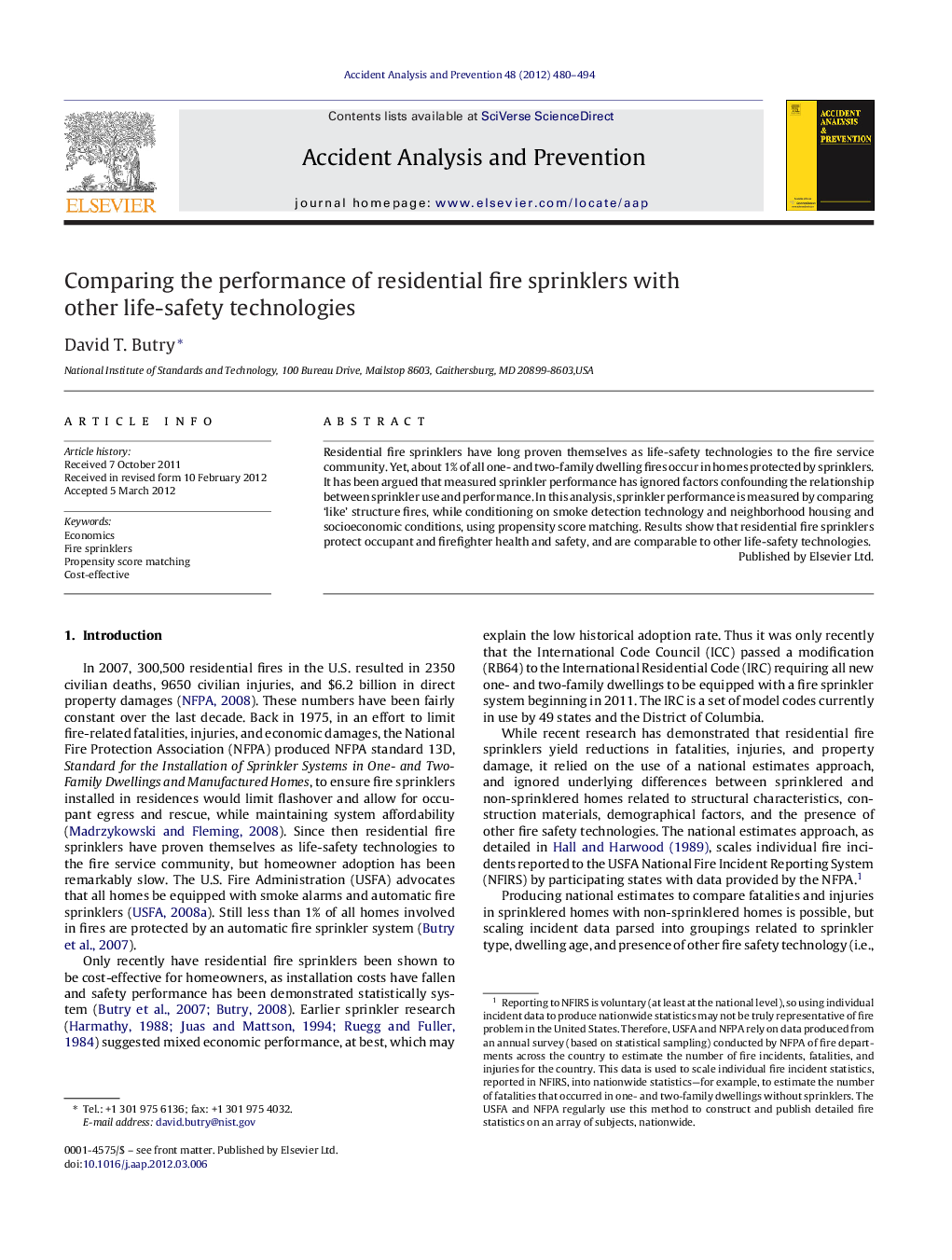 Comparing the performance of residential fire sprinklers with other life-safety technologies