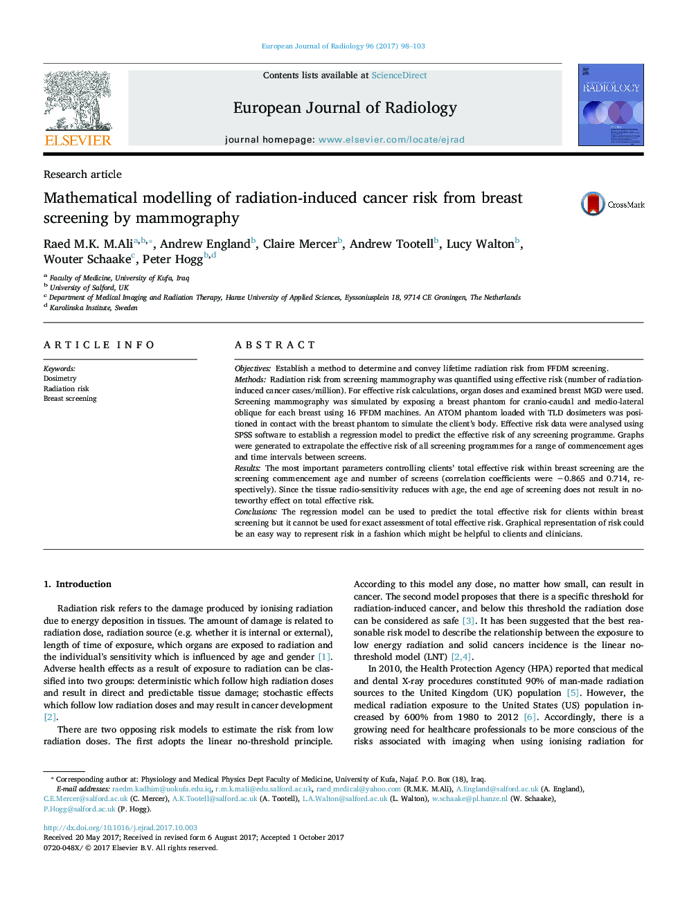 Research articleMathematical modelling of radiation-induced cancer risk from breast screening by mammography