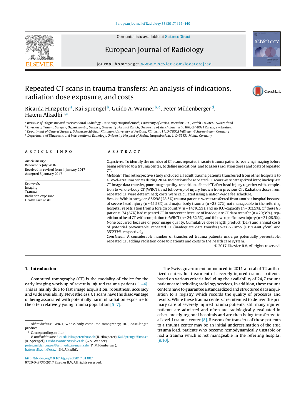 Repeated CT scans in trauma transfers: An analysis of indications, radiation dose exposure, and costs