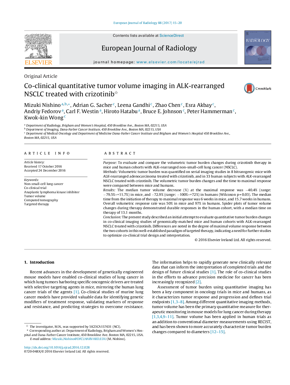 Original ArticleCo-clinical quantitative tumor volume imaging in ALK-rearranged NSCLC treated with crizotinib