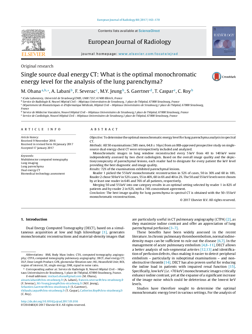 Original researchSingle source dual energy CT: What is the optimal monochromatic energy level for the analysis of the lung parenchyma?