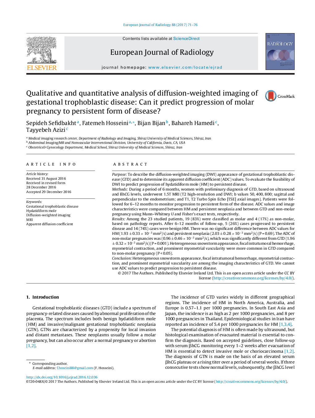 Qualitative and quantitative analysis of diffusion-weighted imaging of gestational trophoblastic disease: Can it predict progression of molar pregnancy to persistent form of disease?