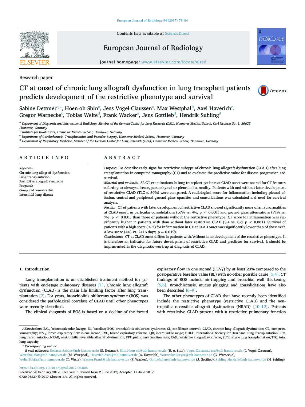 Research paperCT at onset of chronic lung allograft dysfunction in lung transplant patients predicts development of the restrictive phenotype and survival