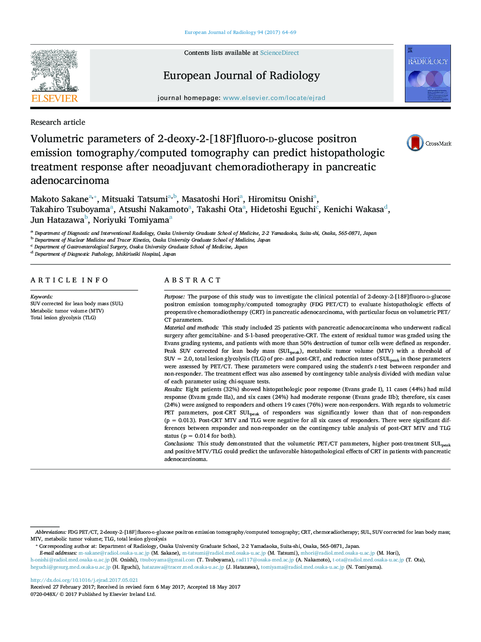 Research articleVolumetric parameters of 2-deoxy-2-[18F]fluoro-d-glucose positron emission tomography/computed tomography can predict histopathologic treatment response after neoadjuvant chemoradiotherapy in pancreatic adenocarcinoma