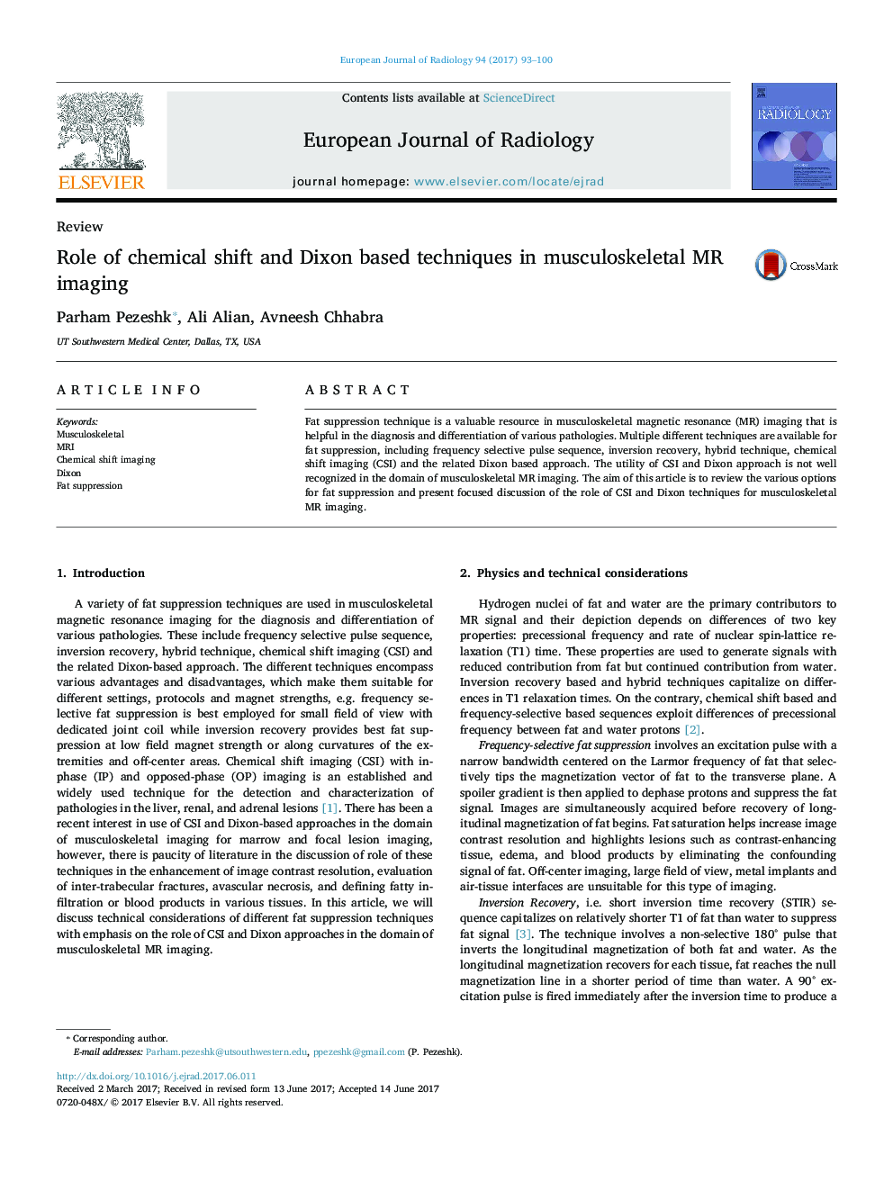 ReviewRole of chemical shift and Dixon based techniques in musculoskeletal MR imaging