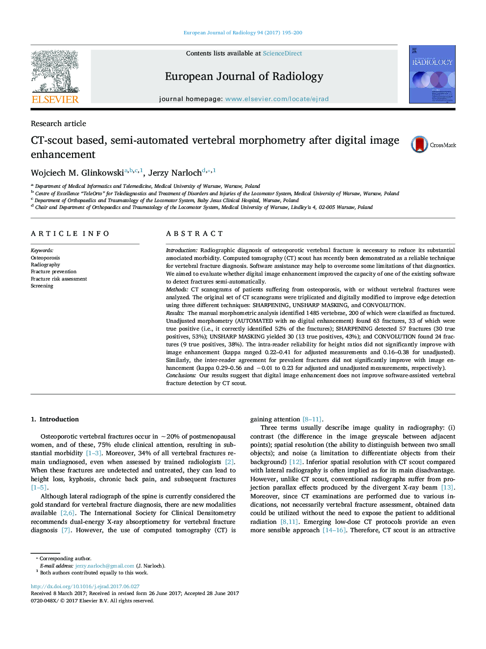 Research articleCT-scout based, semi-automated vertebral morphometry after digital image enhancement