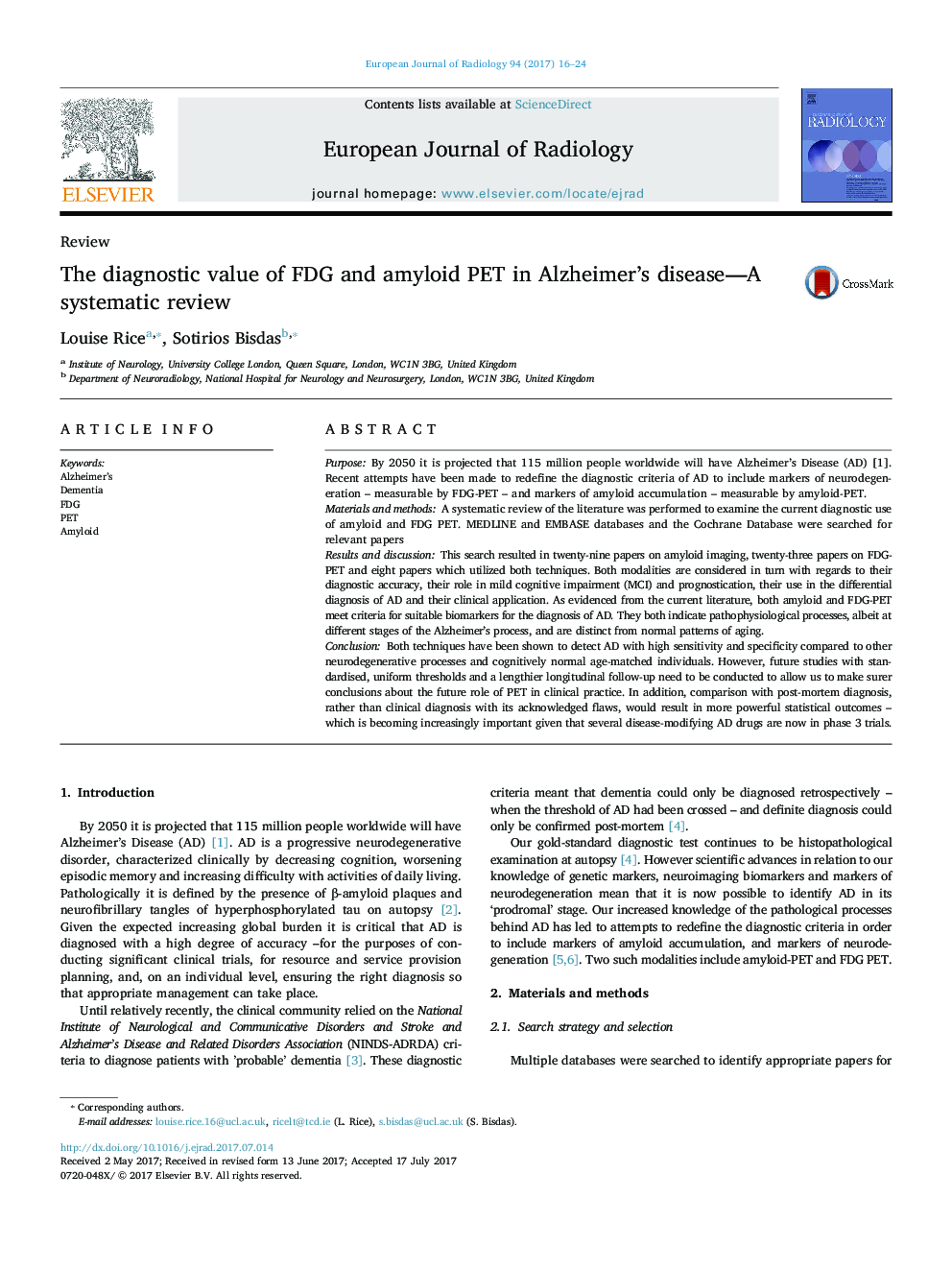 ReviewThe diagnostic value of FDG and amyloid PET in Alzheimer's disease-A systematic review