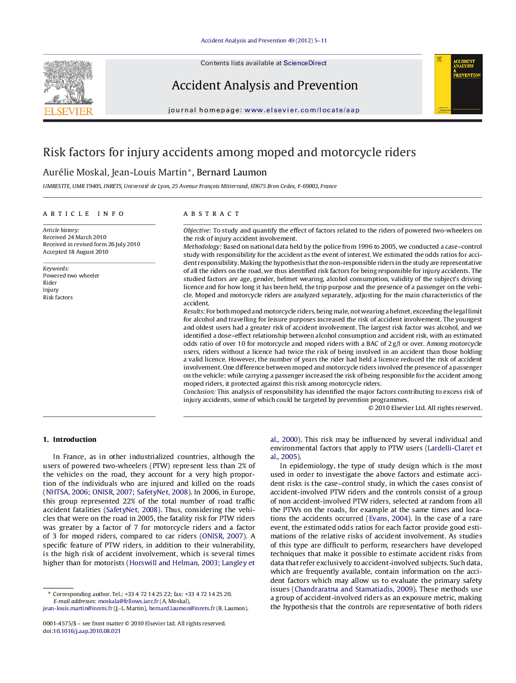 Risk factors for injury accidents among moped and motorcycle riders