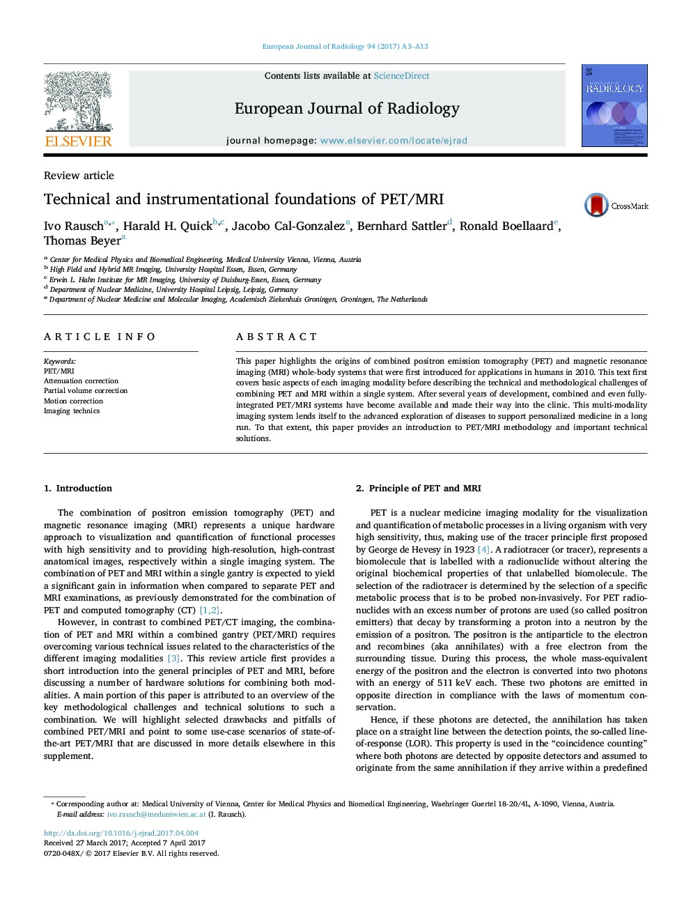 Review articleTechnical and instrumentational foundations of PET/MRI