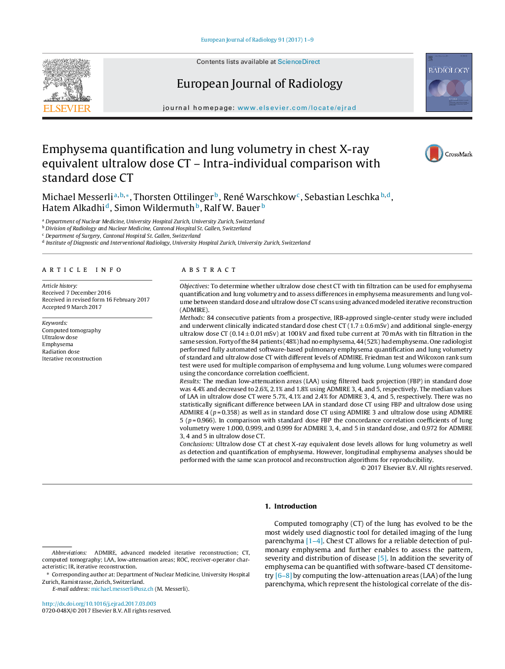 Emphysema quantification and lung volumetry in chest X-ray equivalent ultralow dose CT - Intra-individual comparison with standard dose CT