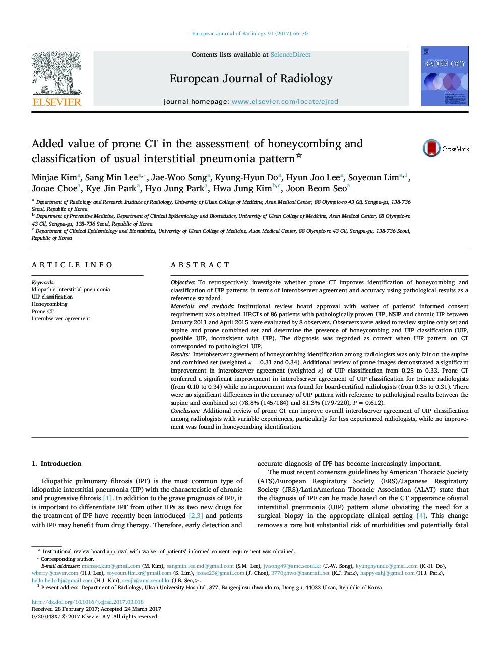 Added value of prone CT in the assessment of honeycombing and classification of usual interstitial pneumonia pattern