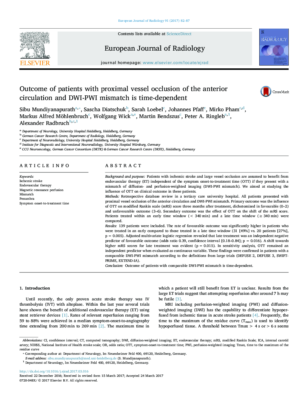 Outcome of patients with proximal vessel occlusion of the anterior circulation and DWI-PWI mismatch is time-dependent