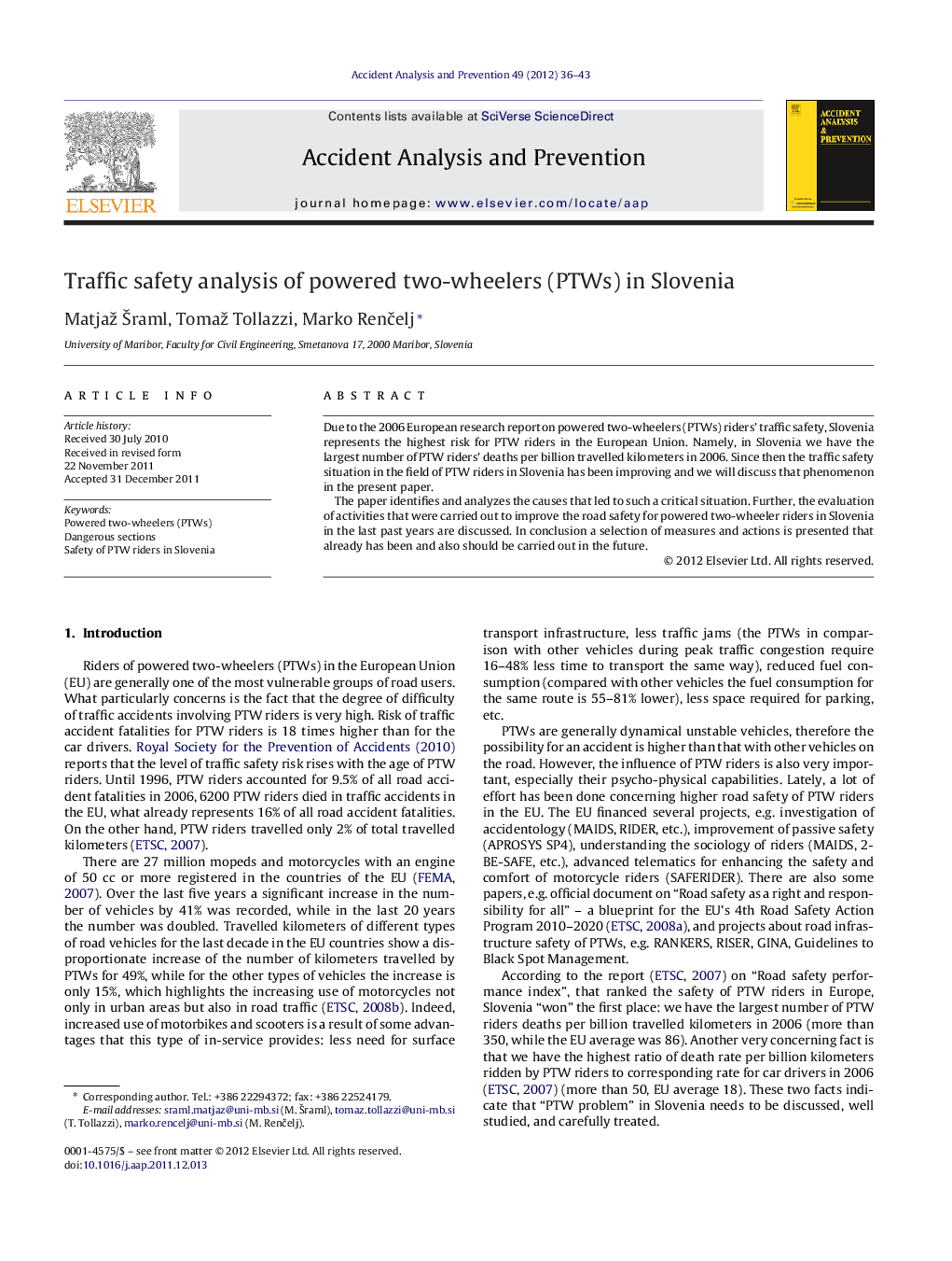 Traffic safety analysis of powered two-wheelers (PTWs) in Slovenia