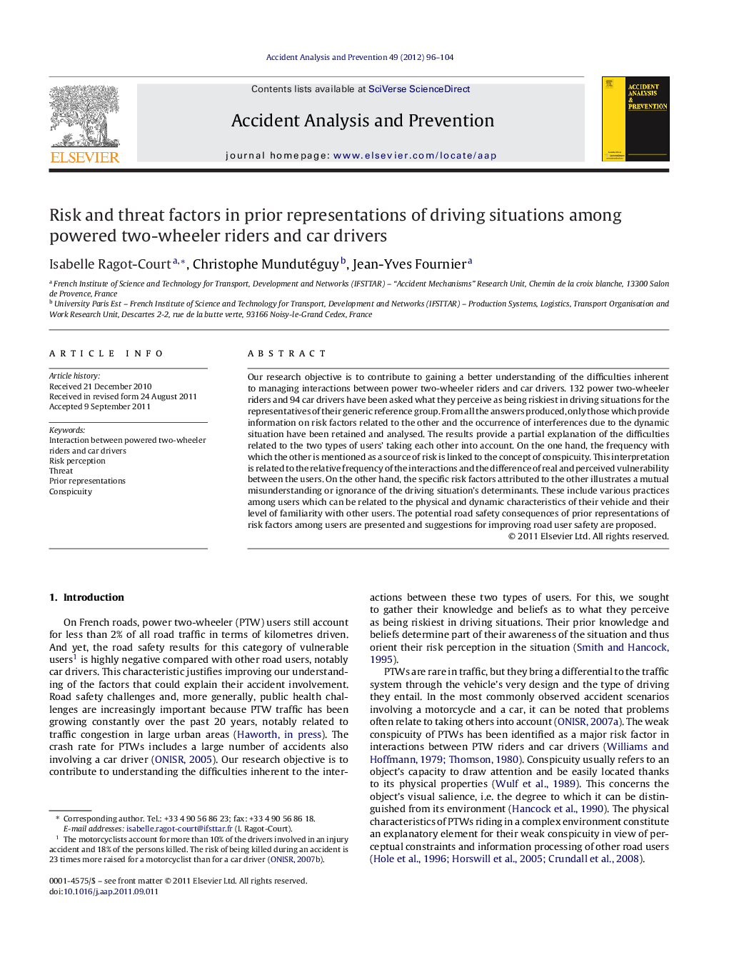 Risk and threat factors in prior representations of driving situations among powered two-wheeler riders and car drivers