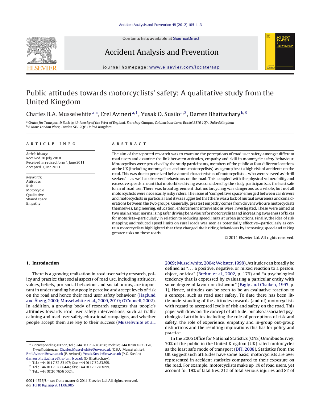 Public attitudes towards motorcyclists’ safety: A qualitative study from the United Kingdom