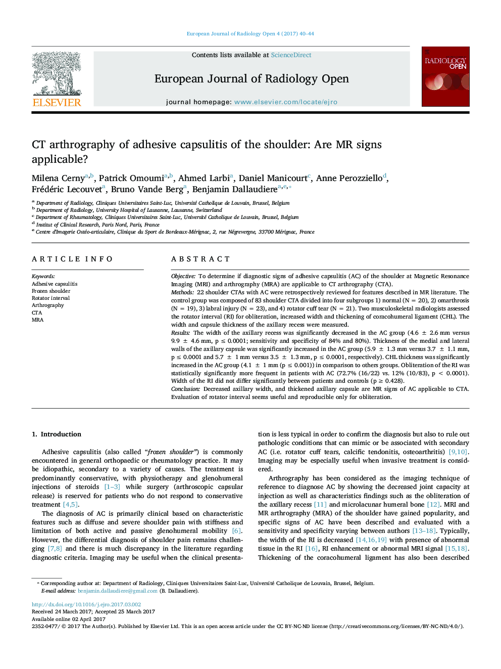 CT arthrography of adhesive capsulitis of the shoulder: Are MR signs applicable?