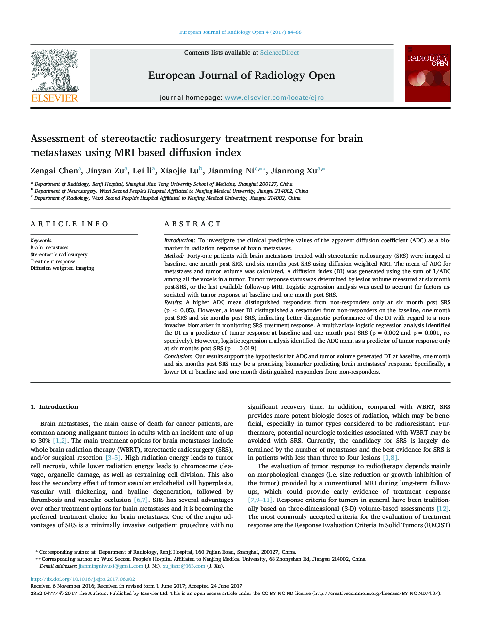 Assessment of stereotactic radiosurgery treatment response for brain metastases using MRI based diffusion index