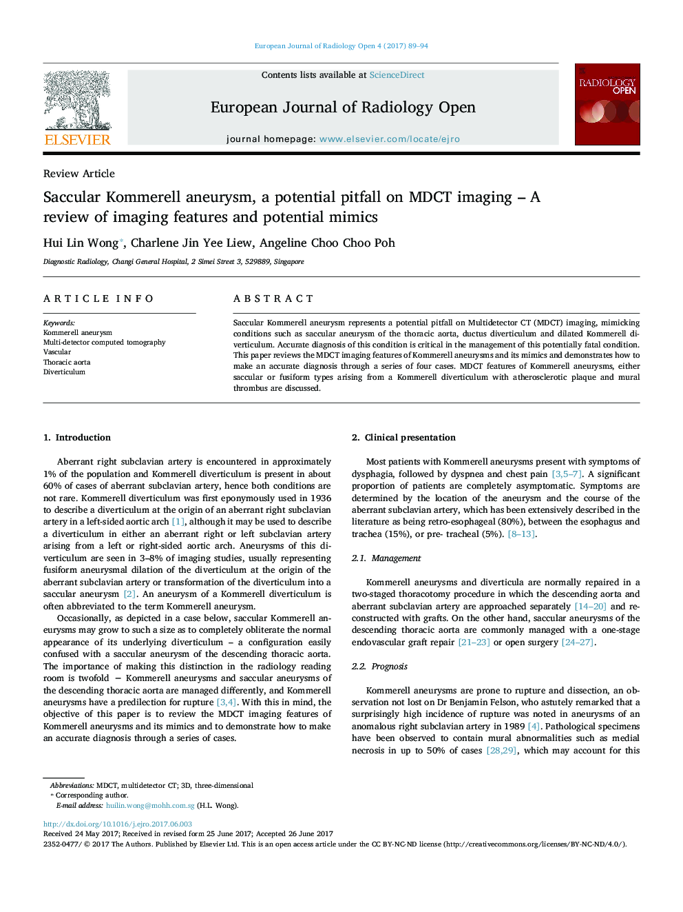 Review ArticleSaccular Kommerell aneurysm, a potential pitfall on MDCT imaging - A review of imaging features and potential mimics