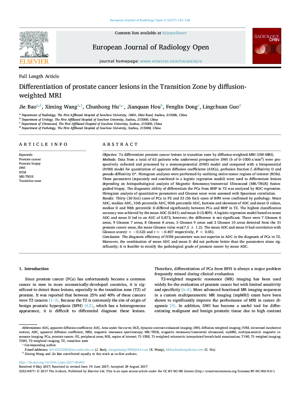 Full Length ArticleDifferentiation of prostate cancer lesions in the Transition Zone by diffusion-weighted MRI