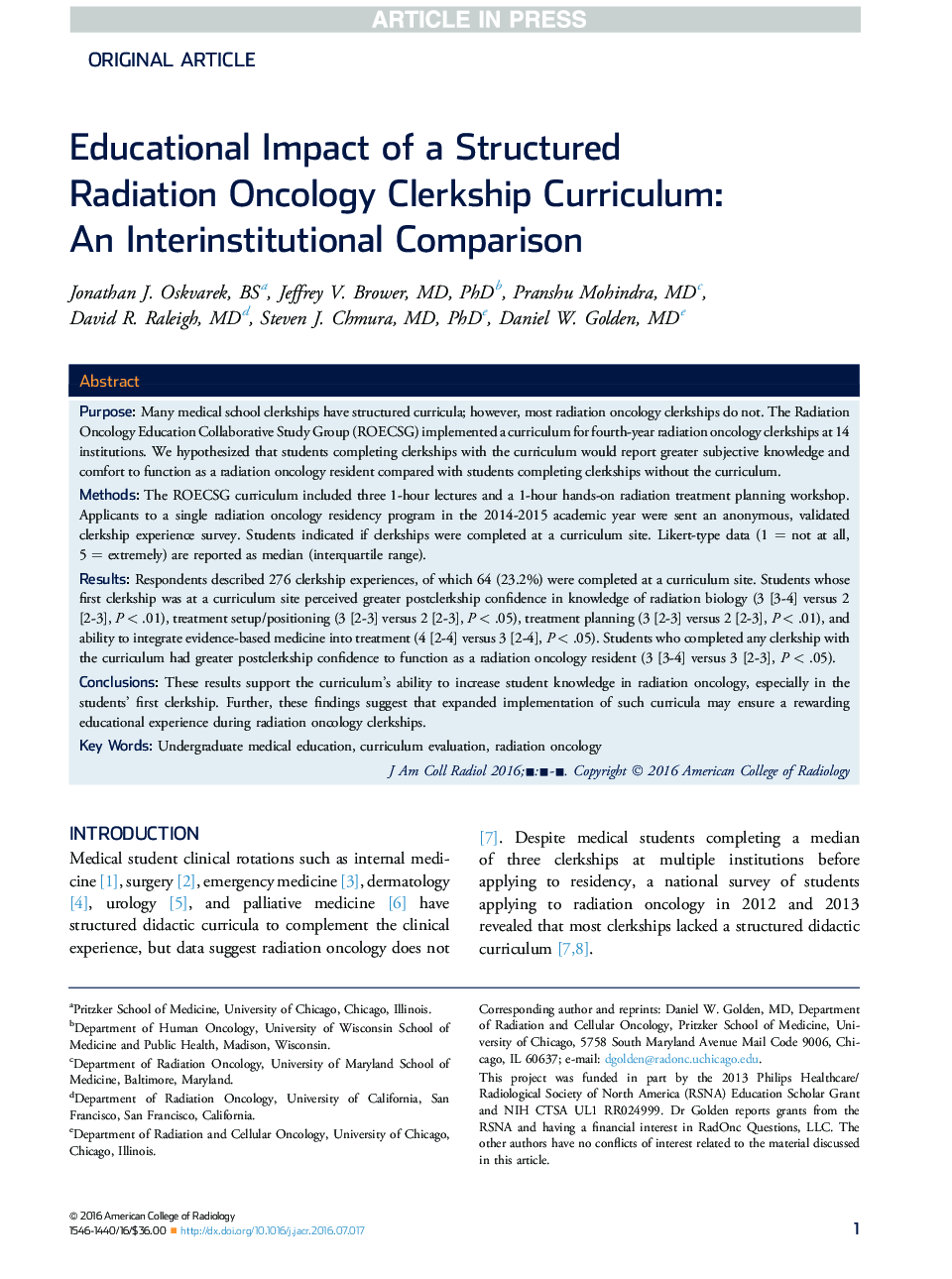 Educational Impact of a Structured Radiation Oncology Clerkship Curriculum: An Interinstitutional Comparison