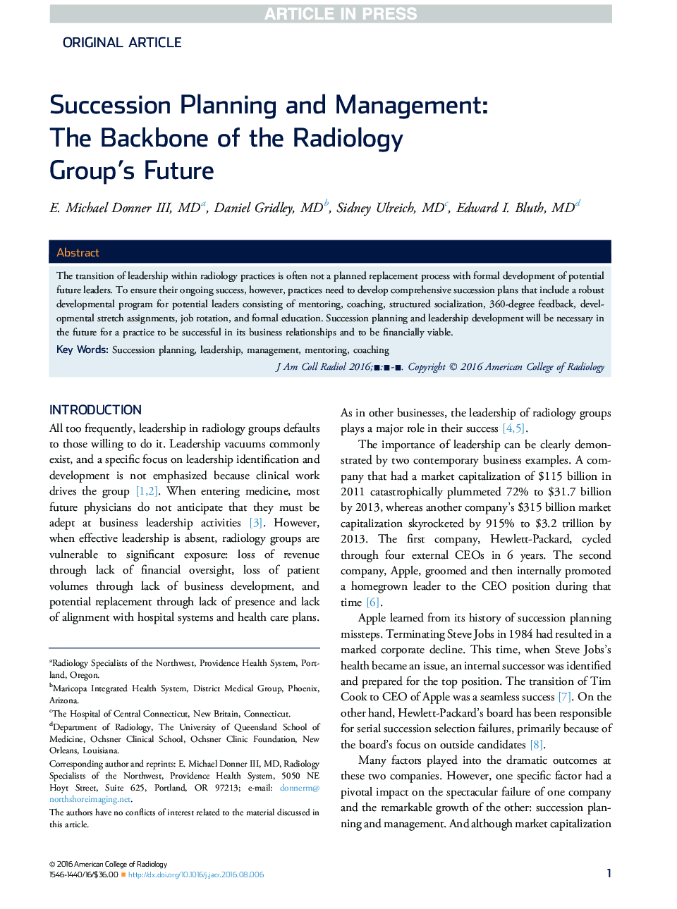 Succession Planning and Management: The Backbone of the Radiology Group'sÂ Future
