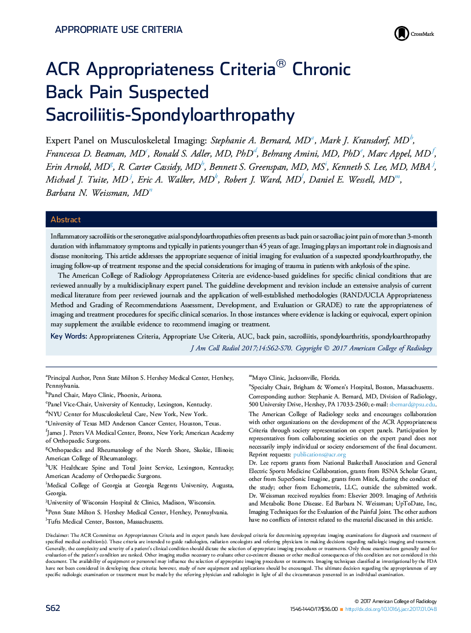 ACR Appropriateness Criteria® Chronic BackÂ PainÂ Suspected Sacroiliitis-Spondyloarthropathy
