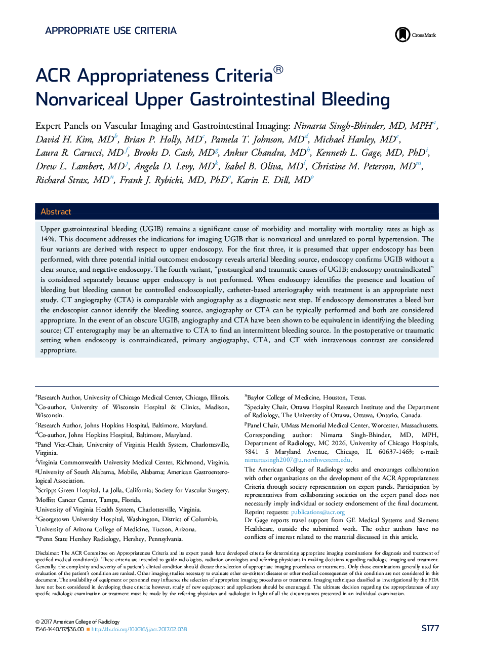 ACR Appropriateness Criteria® NonvaricealÂ UpperÂ Gastrointestinal Bleeding