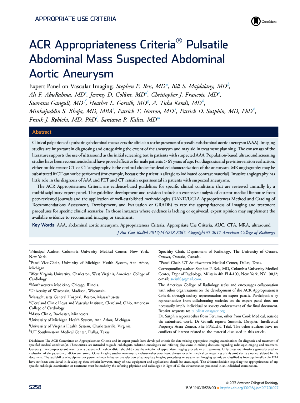 ACR Appropriateness Criteria® Pulsatile Abdominal Mass Suspected Abdominal AorticÂ Aneurysm