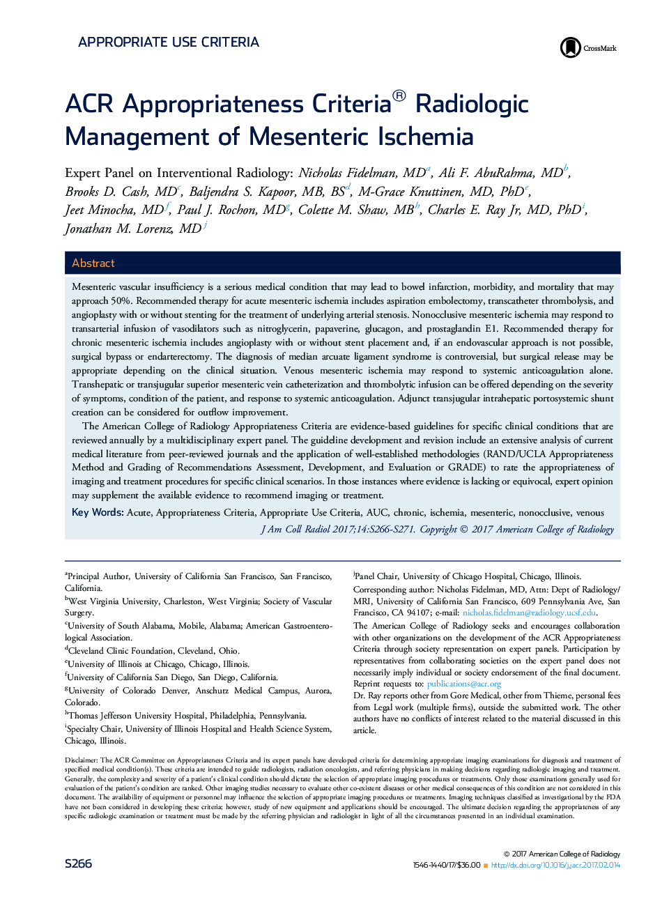 ACR Appropriateness Criteria® Radiologic Management of Mesenteric Ischemia
