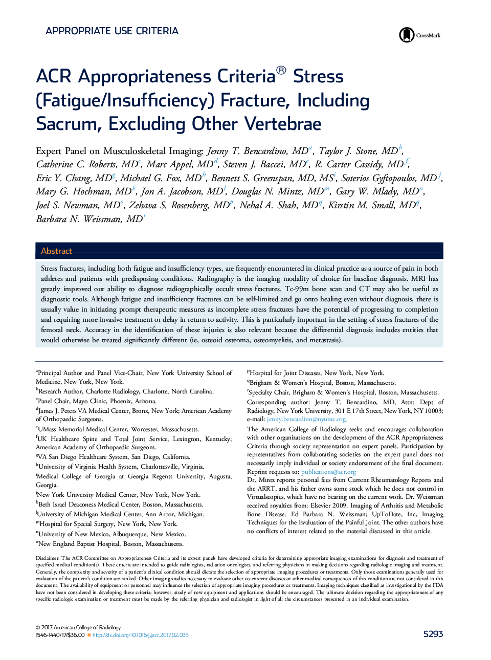 ACR Appropriateness Criteria® Stress (Fatigue/Insufficiency) Fracture, Including Sacrum,Â Excluding Other Vertebrae