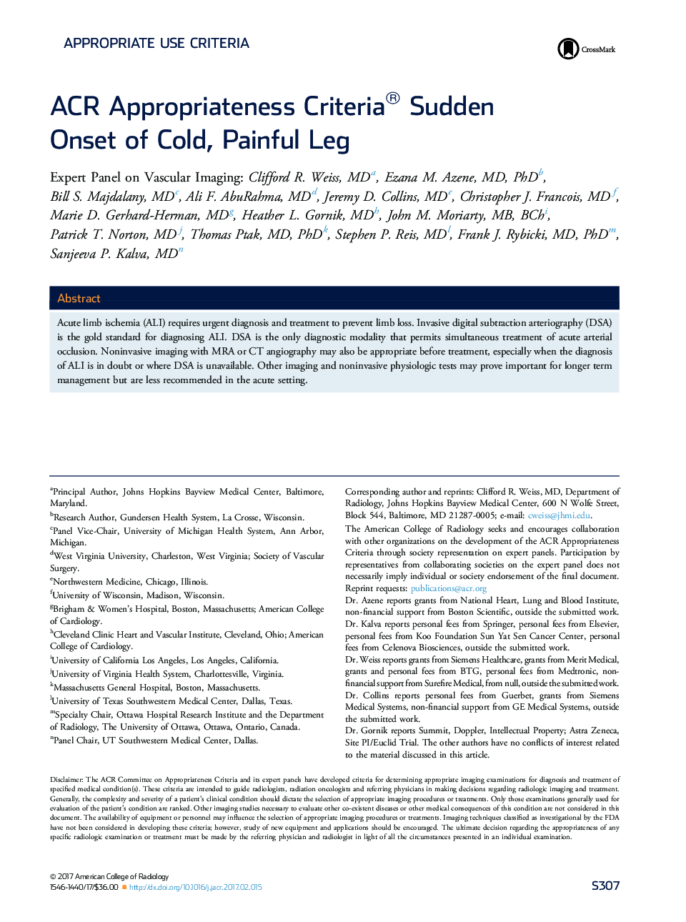 ACR Appropriateness Criteria® Sudden OnsetÂ ofÂ Cold, Painful Leg