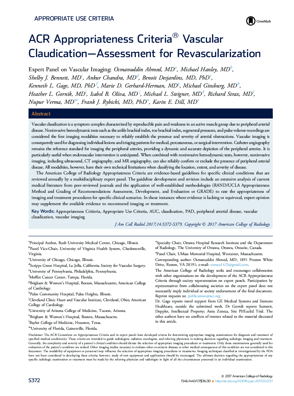 ACR Appropriateness Criteria® Vascular Claudication-Assessment for Revascularization