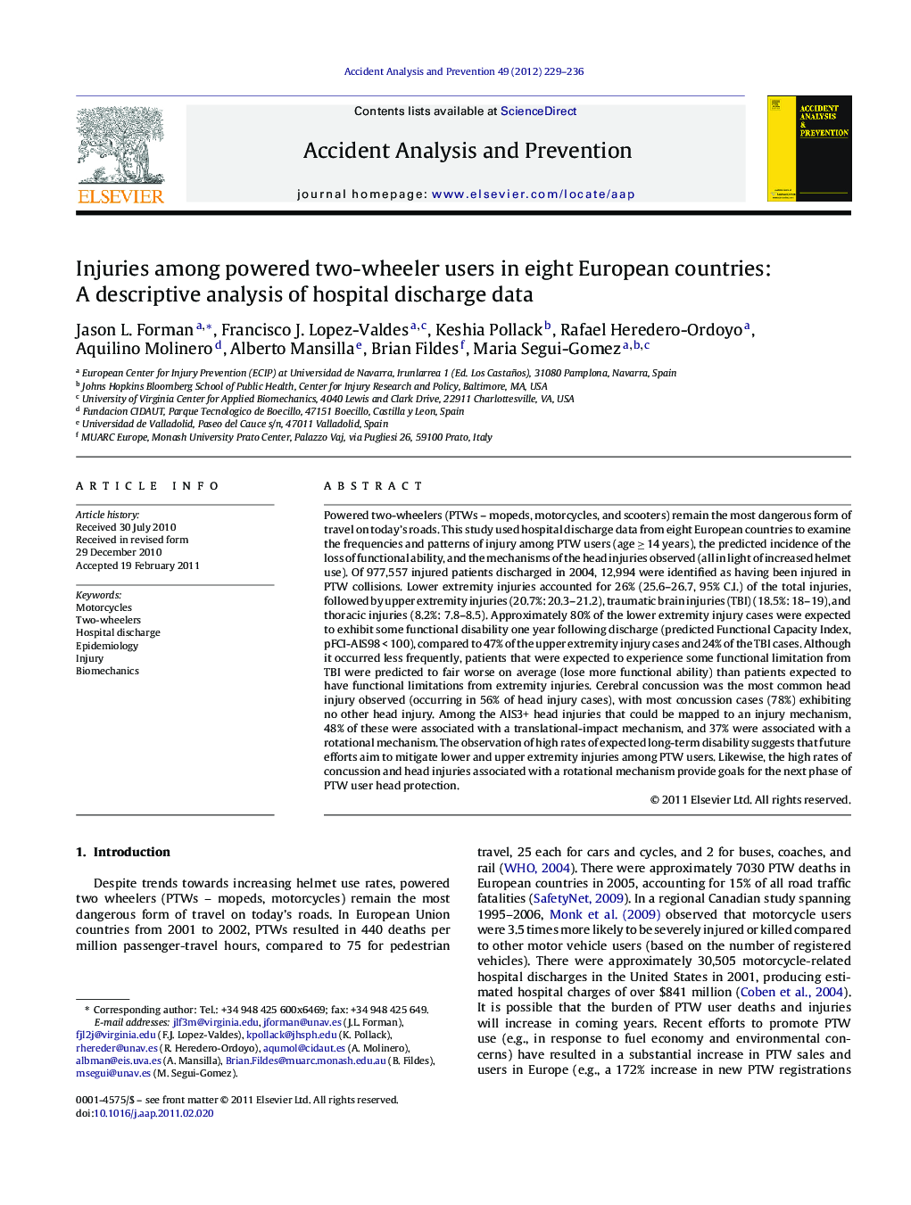 Injuries among powered two-wheeler users in eight European countries: A descriptive analysis of hospital discharge data